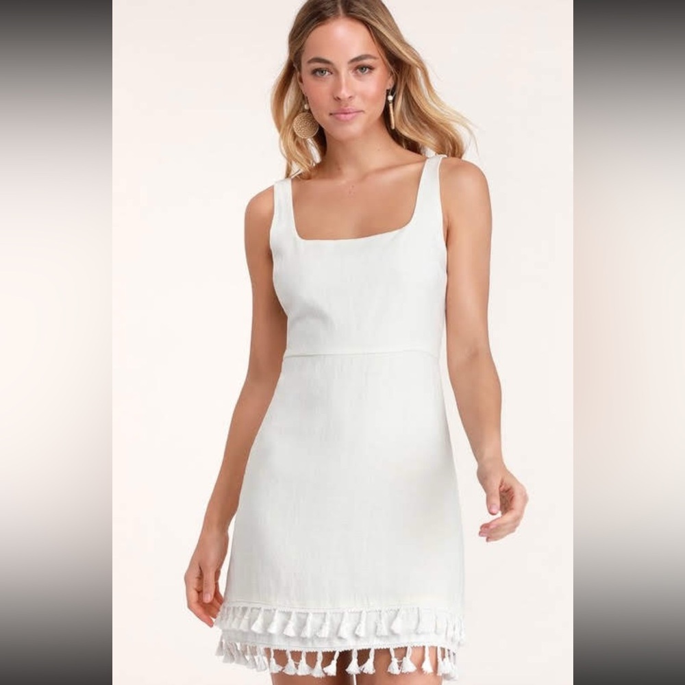 Lulu's Classic White Sleeveless Dress w Tassels
